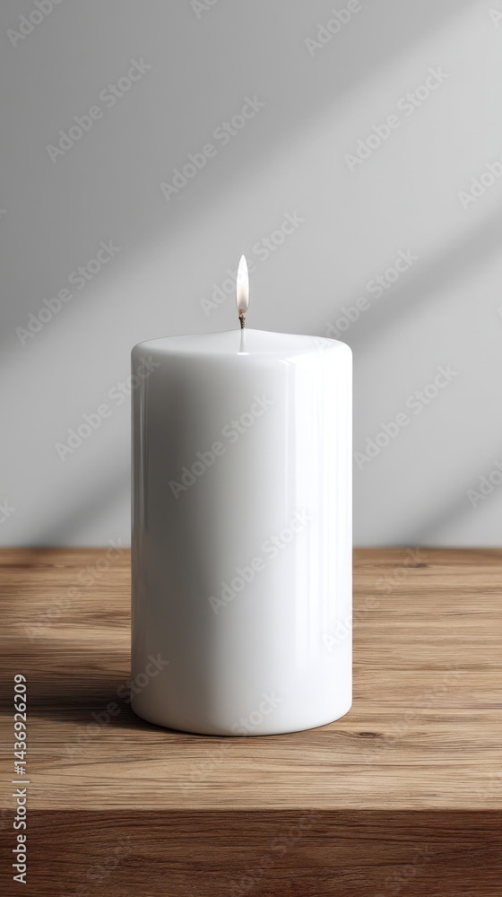 Simple white candle on a wooden table Simple white candle on a wooden table
