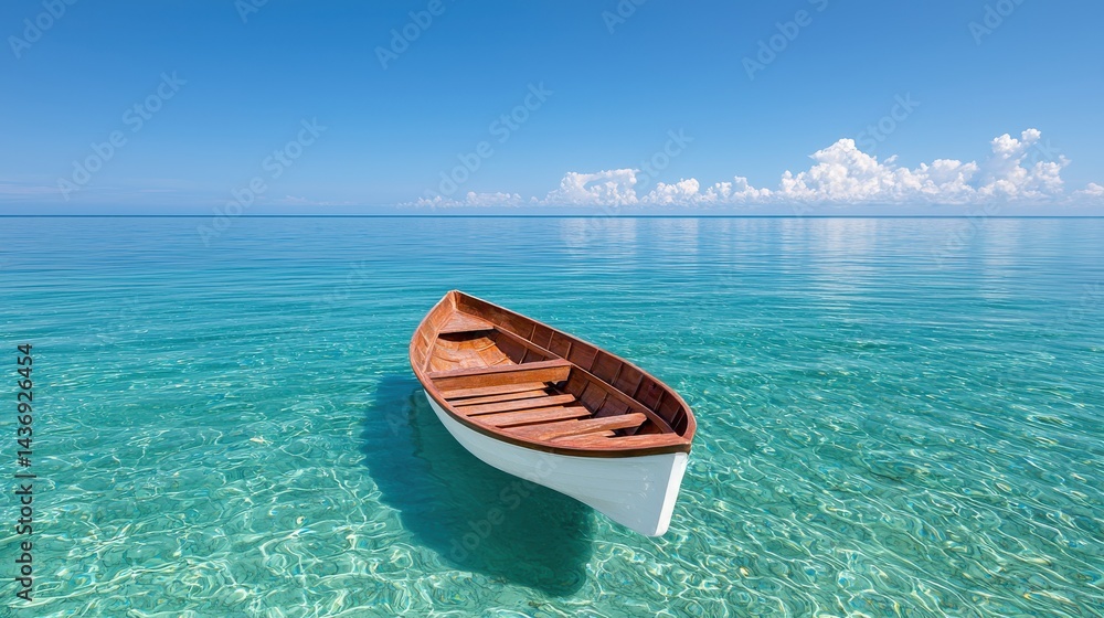 Naklejka premium A small wooden rowboat floats serenely in crystal-clear turquoise ocean water under a vibrant blue sky with fluffy white clouds on a calm sunny day reflecting peace and