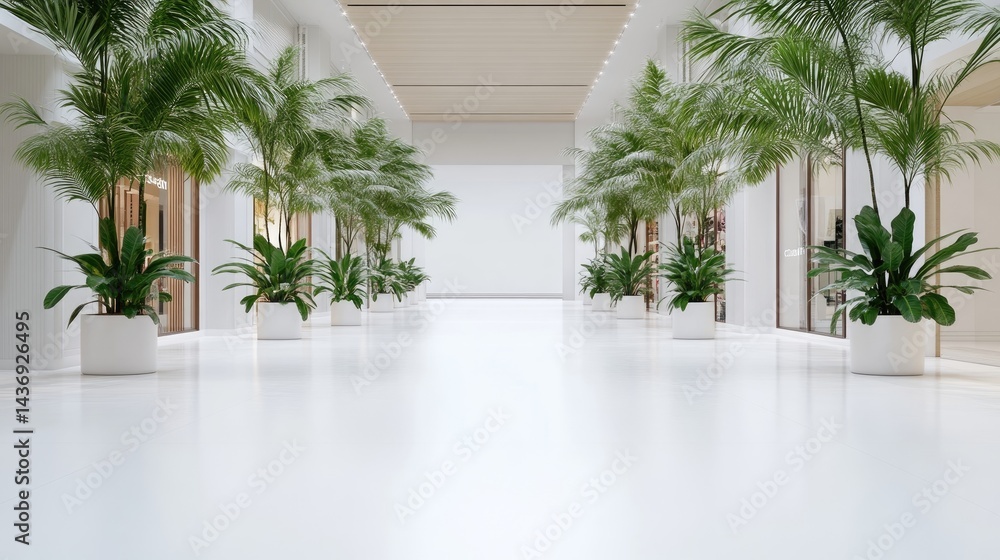 Fototapeta premium Modern, empty shopping arcade with tropical plants