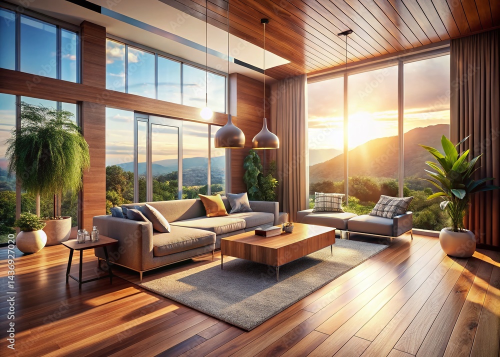 Fototapeta premium Modern Living Room with Wooden Terrace & Floor, 3D Rendered Interior Design