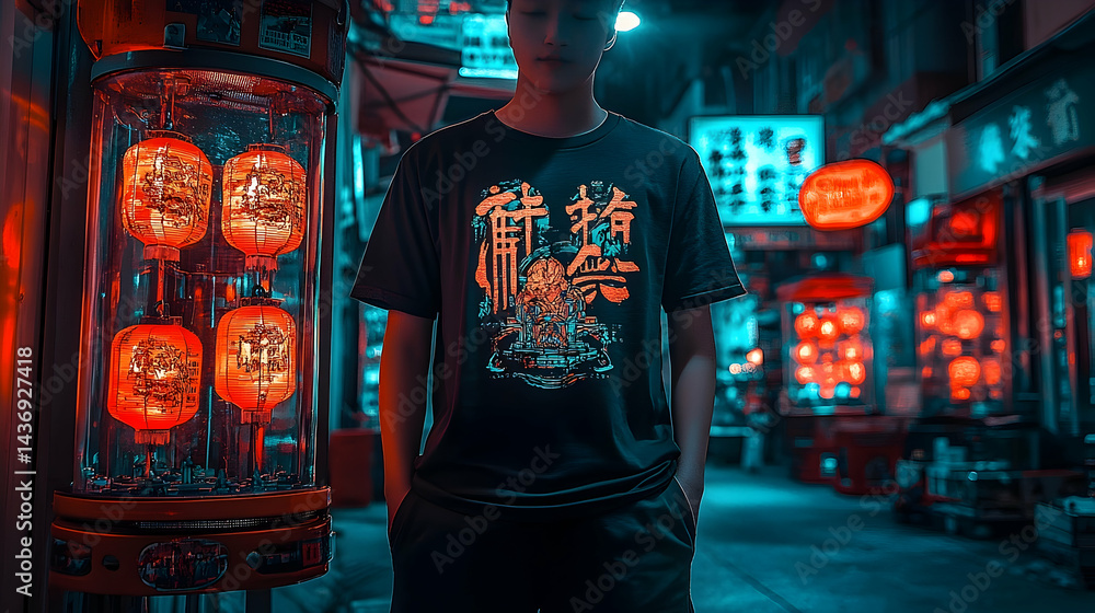 Obraz premium Nighttime city street scene with person wearing a graphic tee shirt.