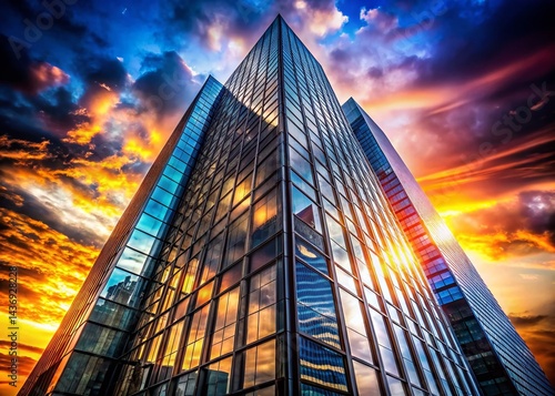 Modern Skyscraper Silhouette: Glass, Steel & Cityscape at Sunset