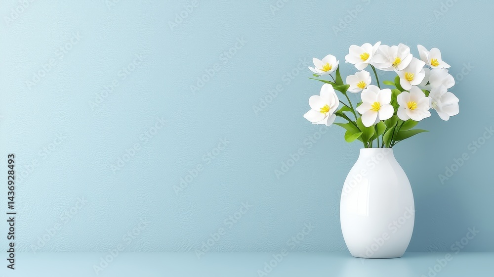 A simple white vase filled with a bouquet of delicate white flowers sits against a light blue wall providing a serene and minimalist floral arrangement. A simple white vase filled with a bouquet of delicate white flowers sits against a light blue wall providing a serene and minimalist floral arrangement.