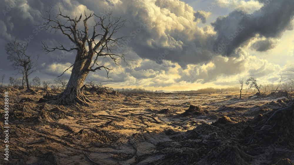 Fototapeta premium Lone Tree in Desolate Landscape Dramatic Sunset Cloudy Sky Nature Environment