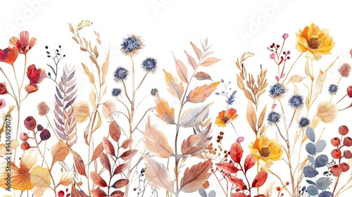 Autumnal Boho Watercolor Botanical Illustration, white background