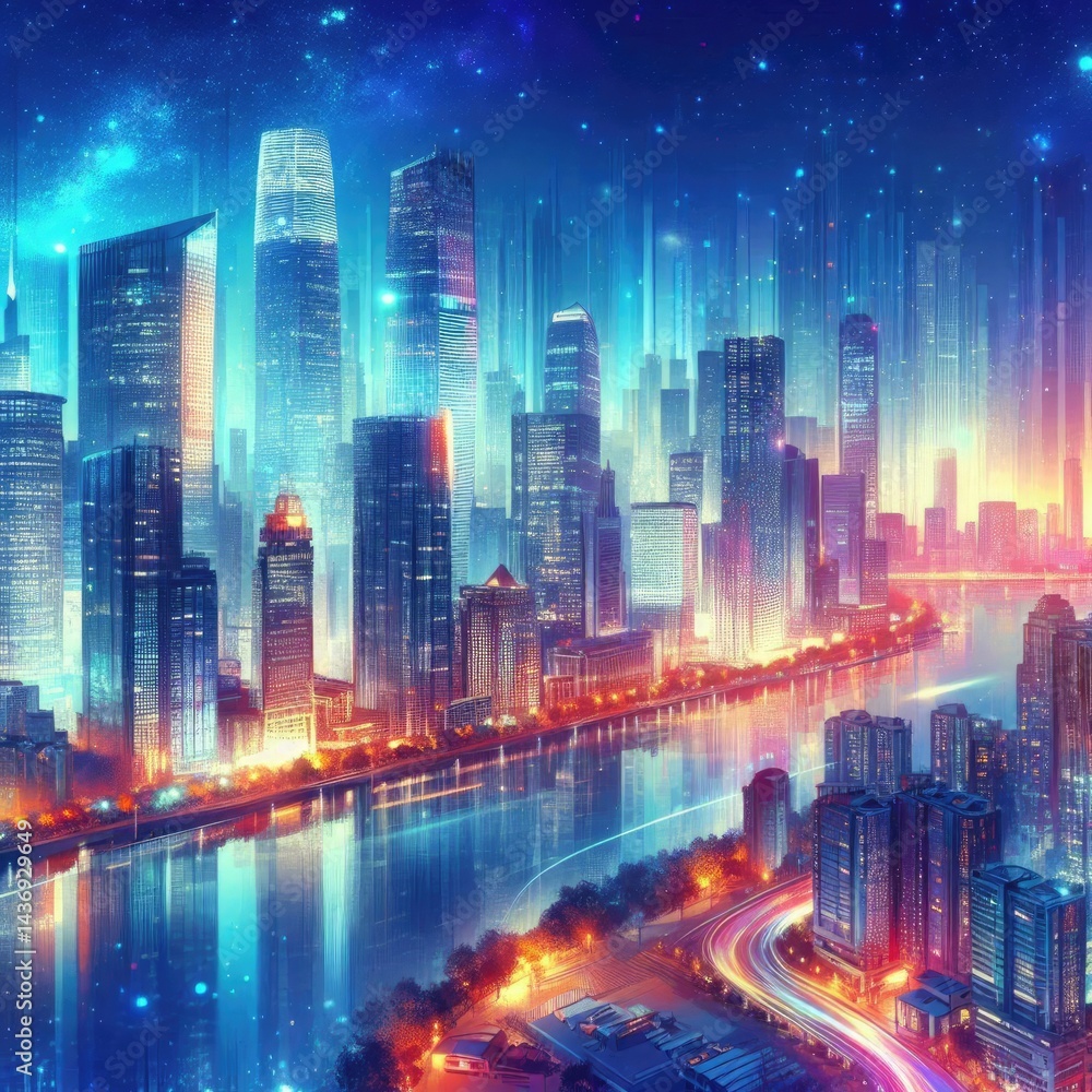 Fototapeta premium Vibrant Urban Skylines: Modern buildings, bright lights, and dynamic cityscapes represent progress, excitement, and opportunity, often used for technology, finance, and urban living products.