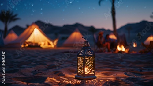 As the night falls, the desert comes alive with a warm, inviting glow. In the foreground, a traditional lantern sheds its patterned light on the sandy floor, symbolizing hope and guidance
