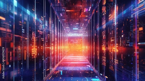 virtual data center, digital streams futuristic, Cybernetic Data Center Corridor