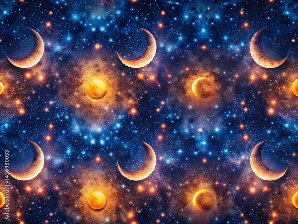 Mystical Moonlit Night: Repeating Crescent Moon Pattern Across Starry Sky Mystical Moonlit Night: Repeating Crescent Moon Pattern Across Starry Sky