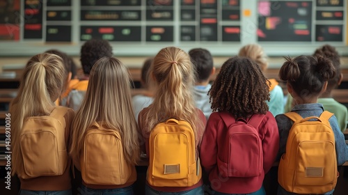 Students with backpacks facing a classroom board