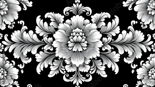 Elegant, symmetrical floral motif pattern in black and white.