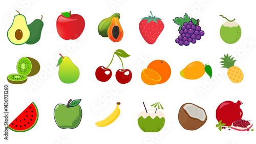 A colorful and vibrant vector illustration featuring a variety of fruits like apples, bananas, oranges, strawberries, and grapes, perfect for healthy living, food, and summer-themed designs.