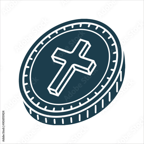 Simple Cross Icon Vector Illustration Lost Coin Single coin with a cross imprint