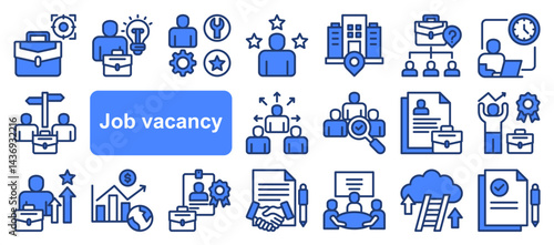 Job vacancy icon collection set. Containing online job search, requirements, recruiting, employment, human resource management, employee skills, career ladder icon. Simple flat vector illustration.