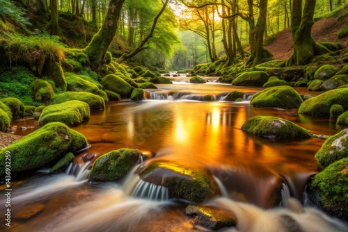 Mossy River Flowing Through Forest