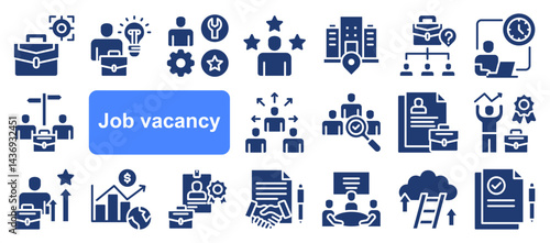 Job vacancy icon collection set. Containing online job search, requirements, recruiting, employment, human resource management, employee skills, career ladder icon. Simple flat vector illustration.