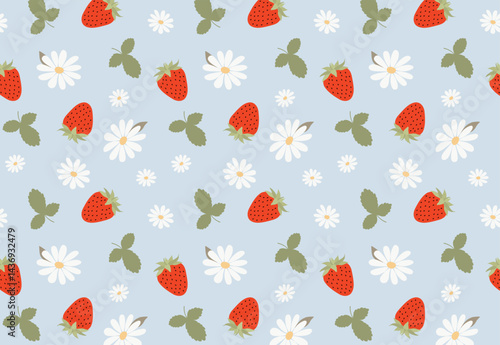 Seamless pattern with strawberries and chamomile on a blue background. Delicate summer background. Print for wallpaper, web, textile, printing on fabric, paper, packaging, scrapbooking and cards.