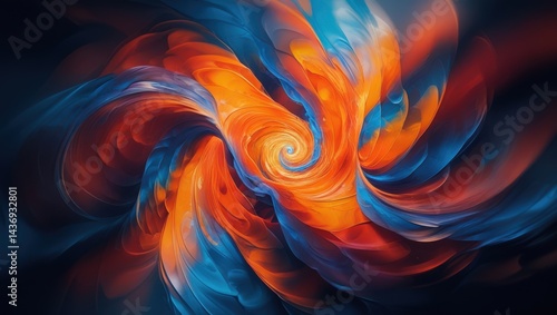 A mesmerizing abstract artwork featuring vibrant swirls of orange and blue hues creating a dynamic sense of motion and energy. Ideal for concepts like creativity, energy, flow, or vibrant design.