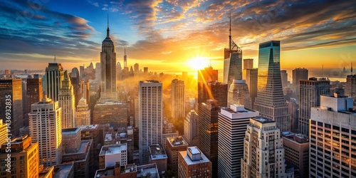 NYC Downtown Buildings Sunrise - Morning Light on Skyscrapers, Cityscape