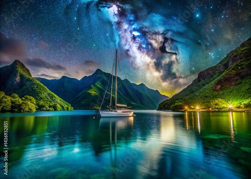 Oahu Lagoon Night Panorama: Catamaran, Mountains, Starry Sky