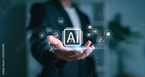 Wallpaper Mural Businessman holding AI technology symbol with futuristic digital interface, innovation icons, and artificial intelligence concept for smart solutions, automation, and future technology development. Torontodigital.ca