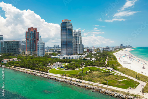 Aerial view of Miami Beach with turquoise waters. Drone shot of Miami skyline. Top view of South Miami Beach. Miami cityscape with luxury skyscrapers and ocean. View of Miamis famous coastline.