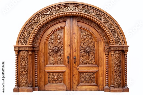 Ornate Carved Arch Door  Traditional Entryway  Isolated White Background  Architectural Detail  Wood Door