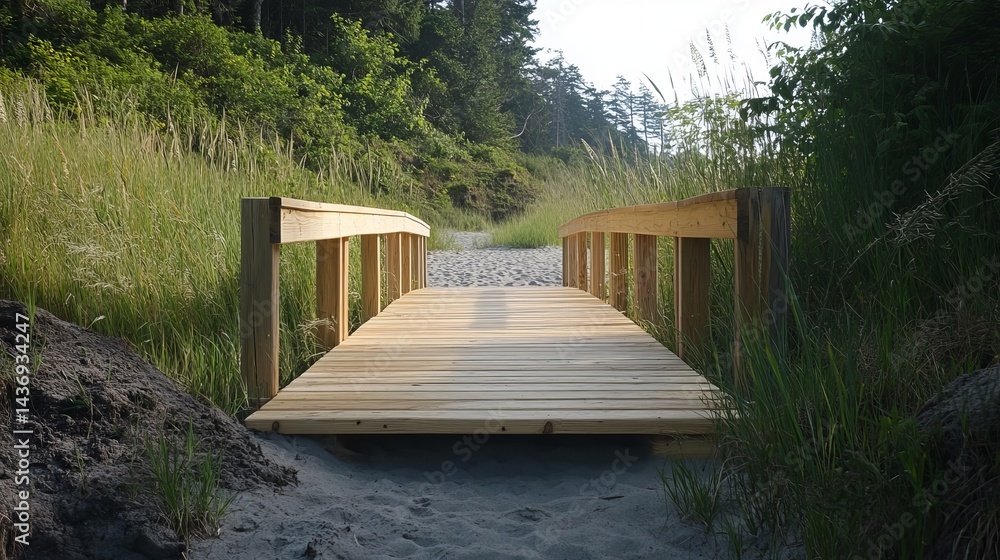 Wooden Footbridge Leading to a Sandy Beach Path through Lush Greenery Wooden Footbridge Leading to a Sandy Beach Path through Lush Greenery