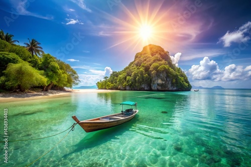 Panoramic Beach Landscape with Boat and Island: Stunning Seascape Wallpaper