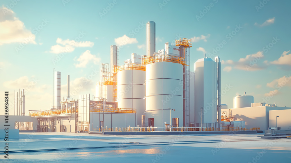 3D a Small Modular Reactor (SMR) power plant on a clear, sunny day 3D a Small Modular Reactor (SMR) power plant on a clear, sunny day