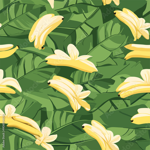 An artful arrangement of ripe bananas and lush green banana leaves, creating a vibrant and refreshing pattern perfect for designs.