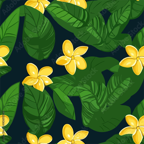 Vibrant yellow flowers and lush green leaves create a seamless tropical pattern, perfect for adding a touch of exotic flair to any design project. 
