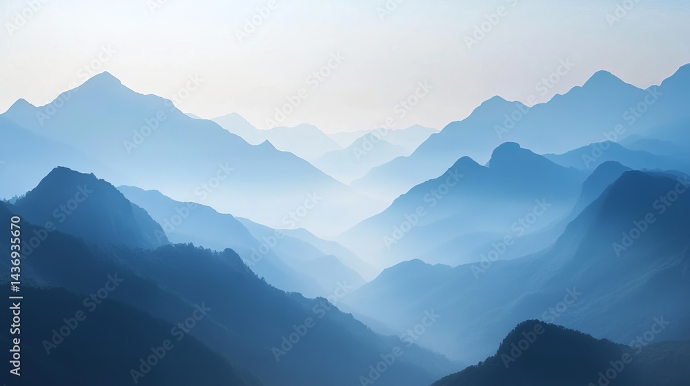 Naklejka premium Serene Blue Mountain Range Landscape at Dawn Misty Peaks Nature Scenery