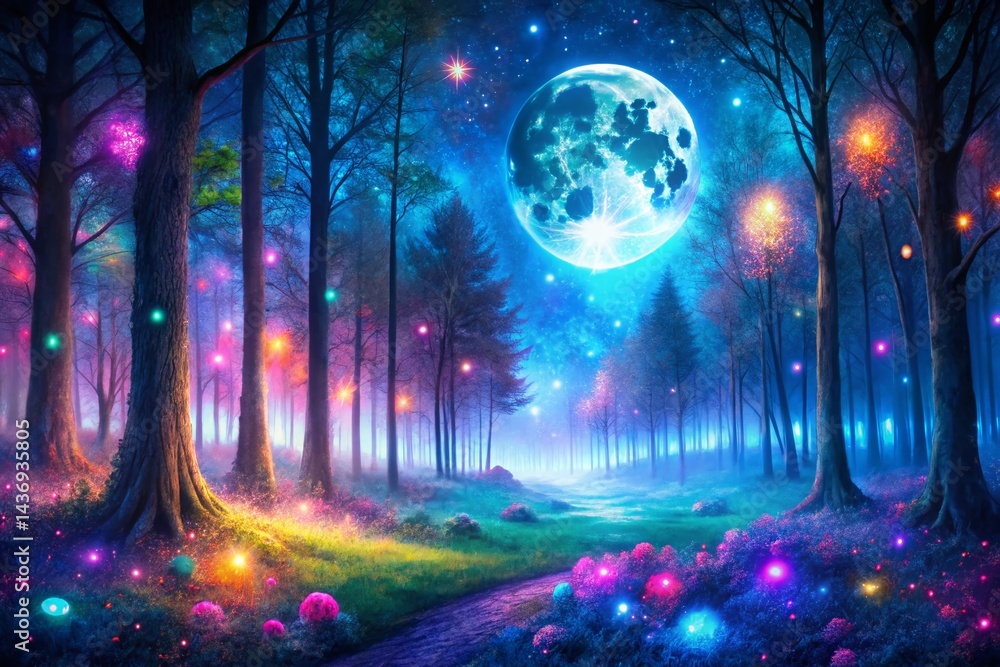Obraz premium Panoramic Neon Fairy Forest Night Scene: Magical Moonlit Woods with Vivid Lights & Space