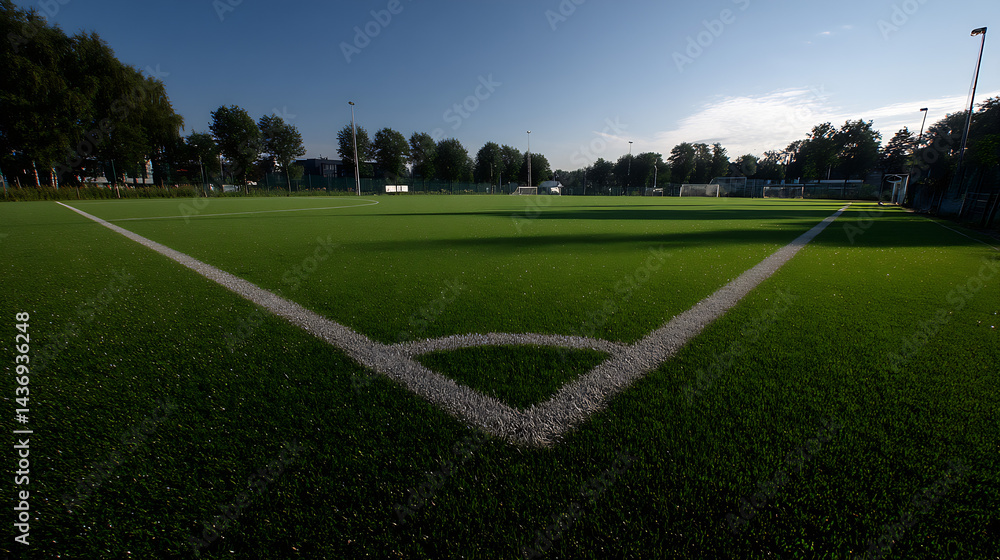 Fototapeta premium Wide angle view of an empty well maintained green artificial turf soccer field under clear blue skies : Generative AI