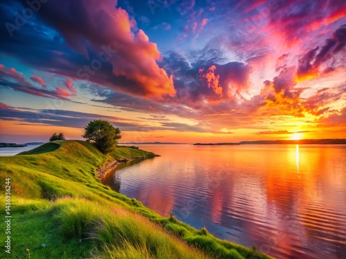 Panoramic Serene Sunset Over Calm Water, Grassy Hillside