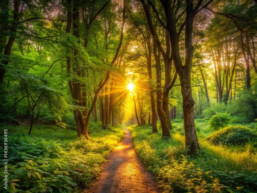 Fototapeta premium Panoramic Sunset Forest Path: Lush Greenery, Mystical Adventure, Nature Walk