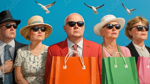 Satirical artwork showing people worshipping giant shopping bags.