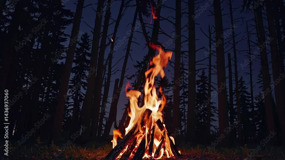 Low-angle video shot of a campfire in a forest at dusk, with flames and sparks rising against a backdrop of silhouetted trees and a darkening sky. Live desktop wallpaper.