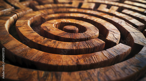 Close-up view of a wooden labyrinth structure showcasing intricate spiral patterns and textures, inviting thought and exploration. Thought Spiral. Illustration