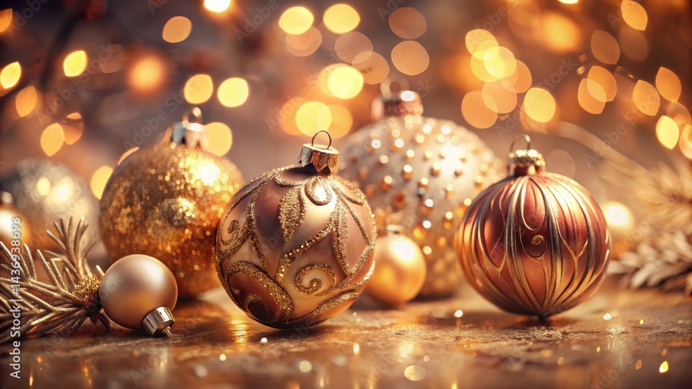 Golden Christmas Ornaments with Bokeh Lights Golden Christmas Ornaments with Bokeh Lights