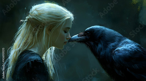 Close-up portrait of a woman and a raven in the dark.
