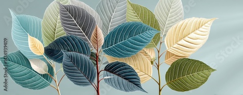 Vibrant Illustration of Diverse Leaves Representing Nature and Sustainability in Soft Color Palette