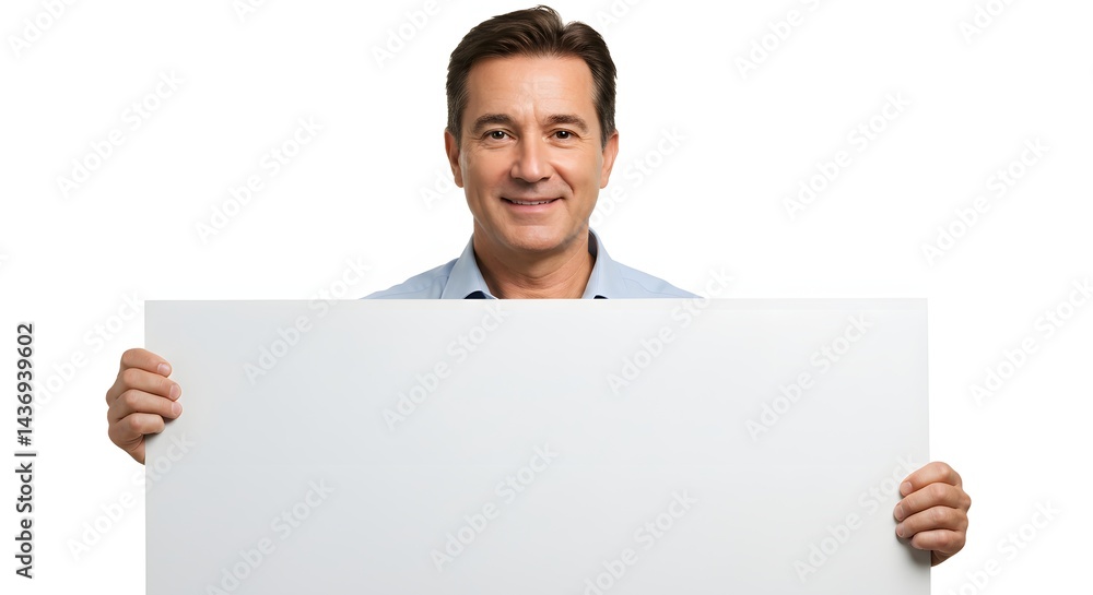 Man smiling holding a blank white sign in front of him with a white background in a studio shot Man smiling holding a blank white sign in front of him with a white background in a studio shot