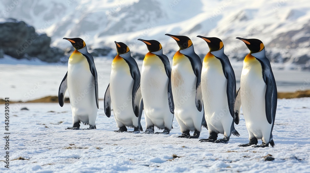 Obraz premium Majestic King Penguins March Across Antarctic Snow