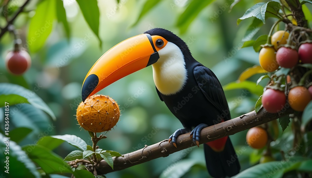 Obraz premium Toucan Eating Fruit on Tree Branch in Jungle Setting