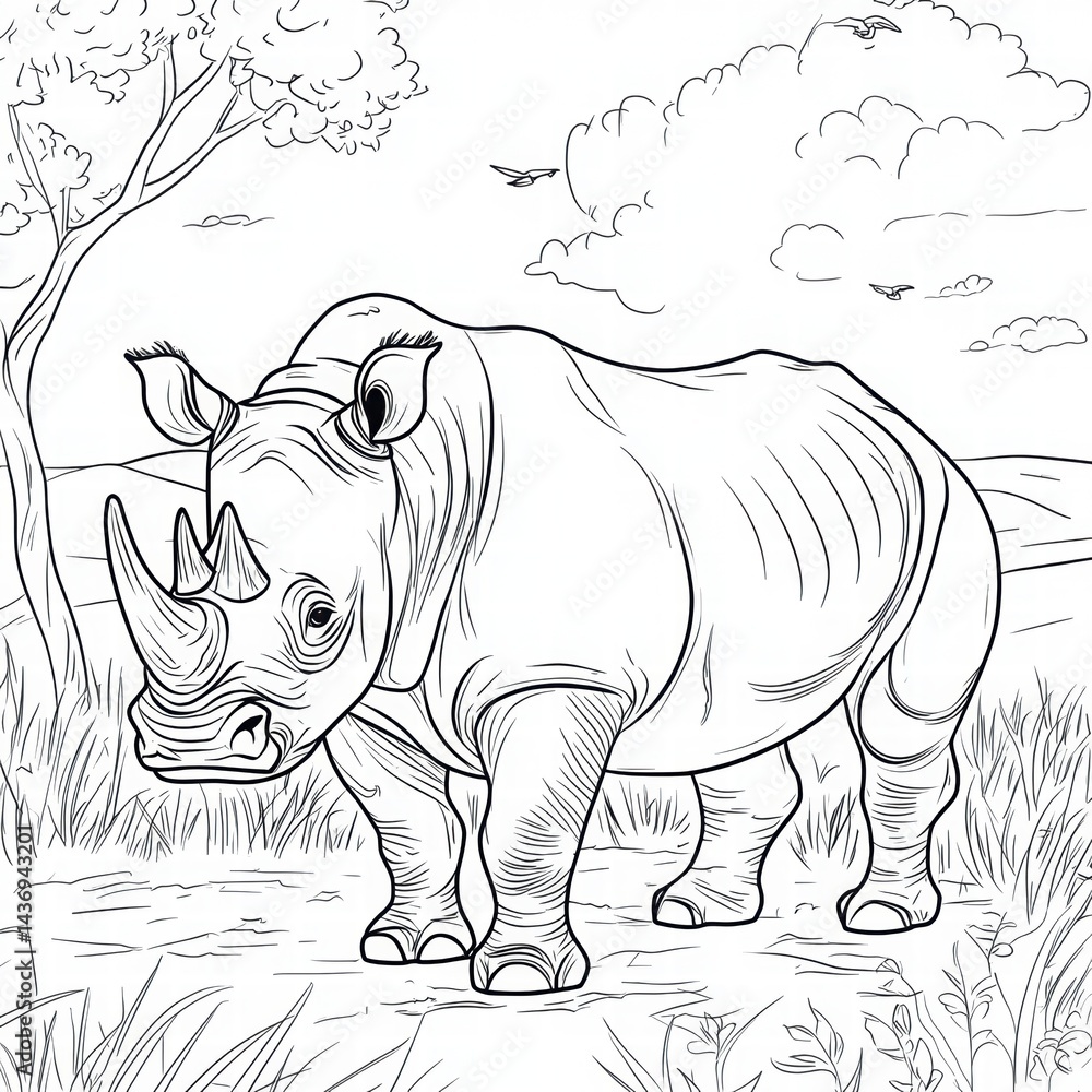 Fototapeta premium Detailed Black and White Outline of a Rhinoceros in Nature Setting
