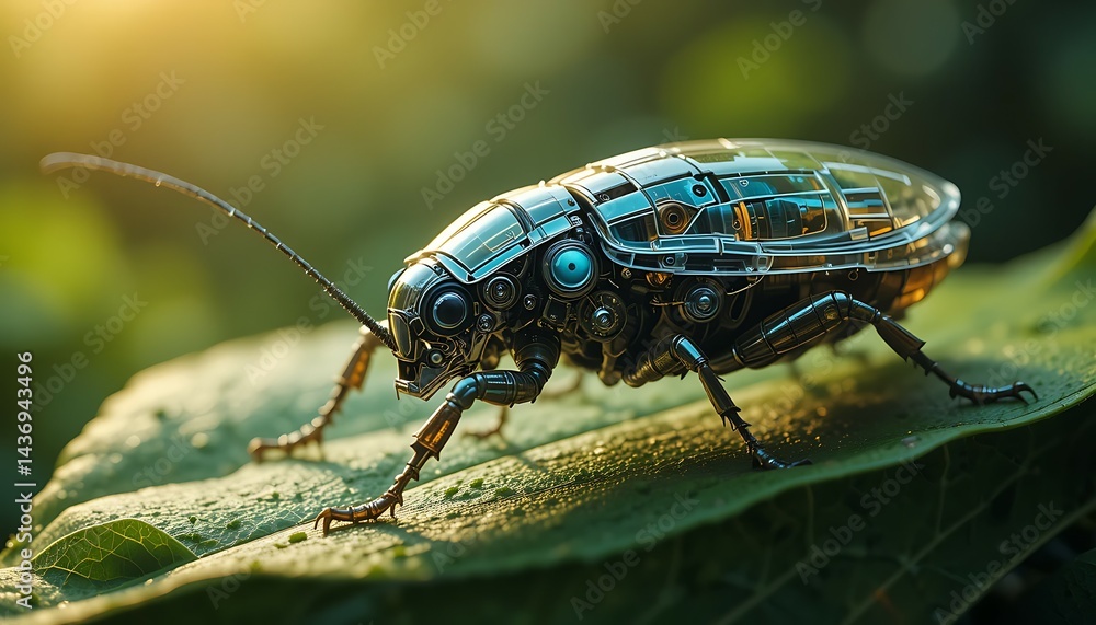 Naklejka premium Mechanical Insect on Leaf Detailed Close-up
