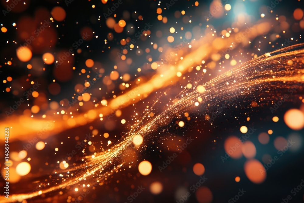 Obraz premium Abstract image of golden particles and bokeh lights creating a dynamic, flowing wave.