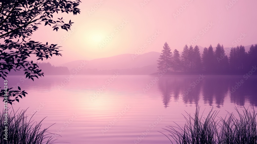 Fototapeta premium Serene Sunset over Still Water Silhouetted Trees and Misty Mountains Reflecting in Calm Lake at Dawn Tranquil Nature Scene